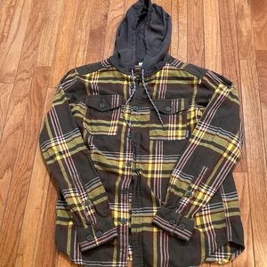 Columbia flannel jacket in plaid of gold, olive, and burgundy size small